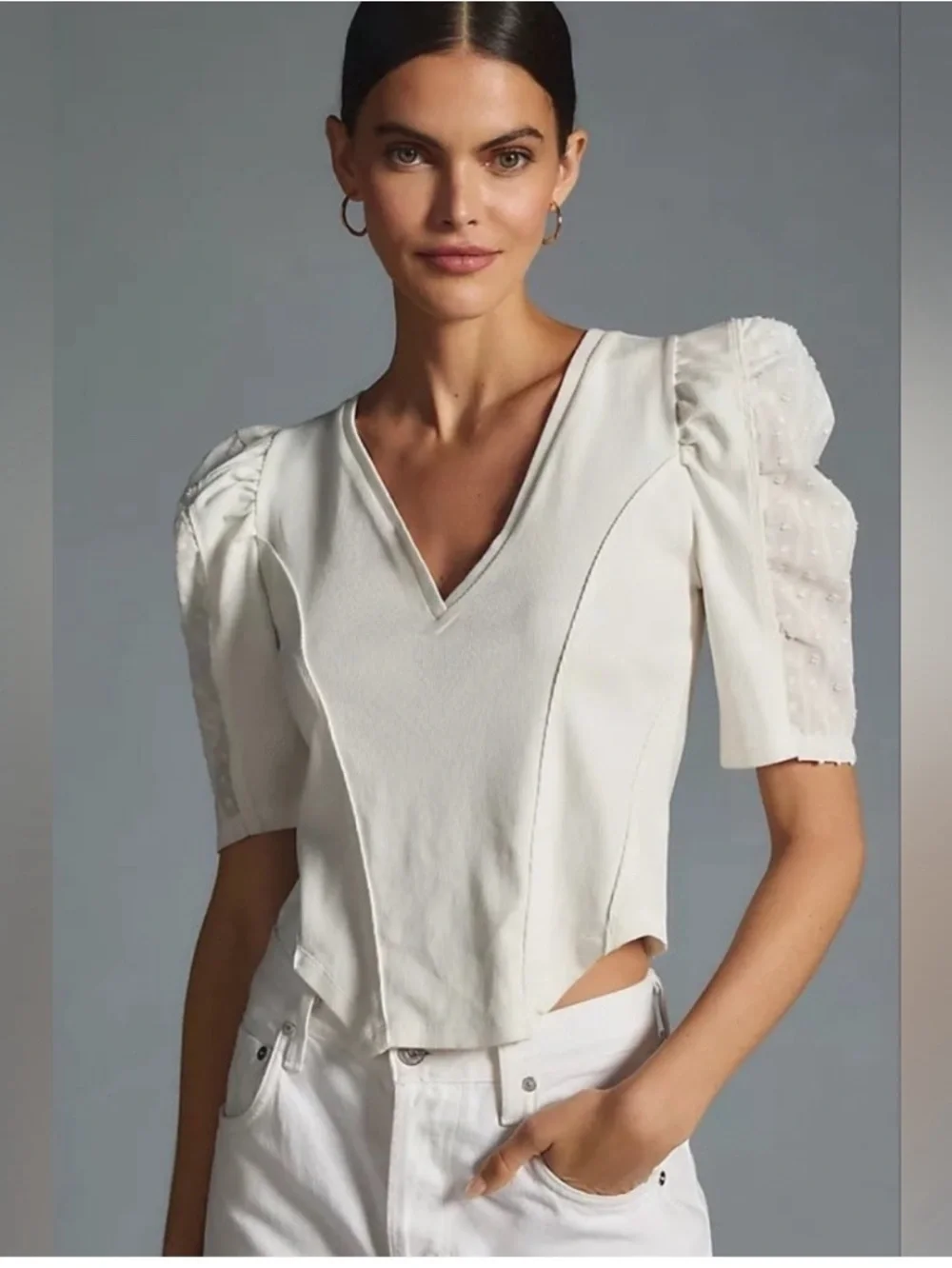 Anthropologie Puff-Sleeve Structured V- Neck Tee Blouse Top Ribbed Size L